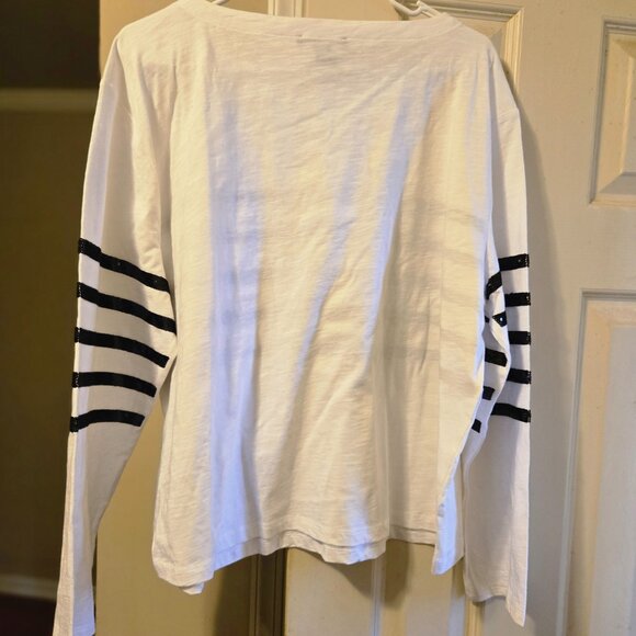 Nautica Jeans XL white long sleeve tee with black sequin stripes across - Picture 2 of 3